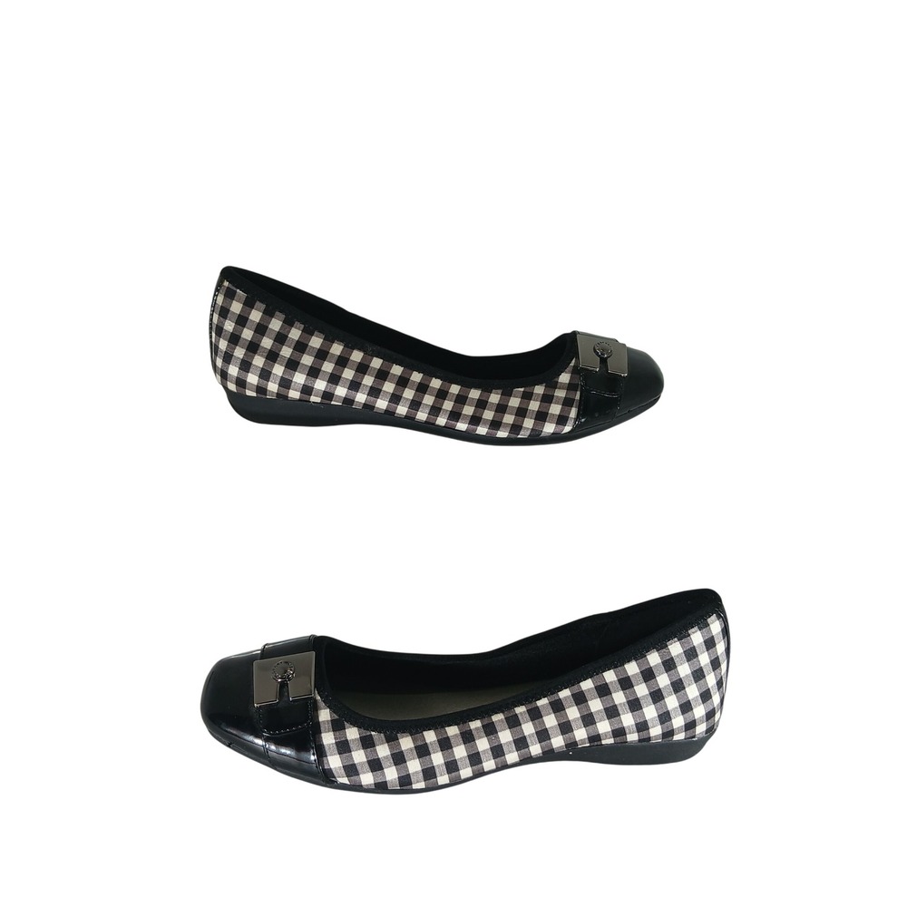 Anne Klein AK Sport Tursala Flats 6M Black White Gingham Preppy Classic Chic